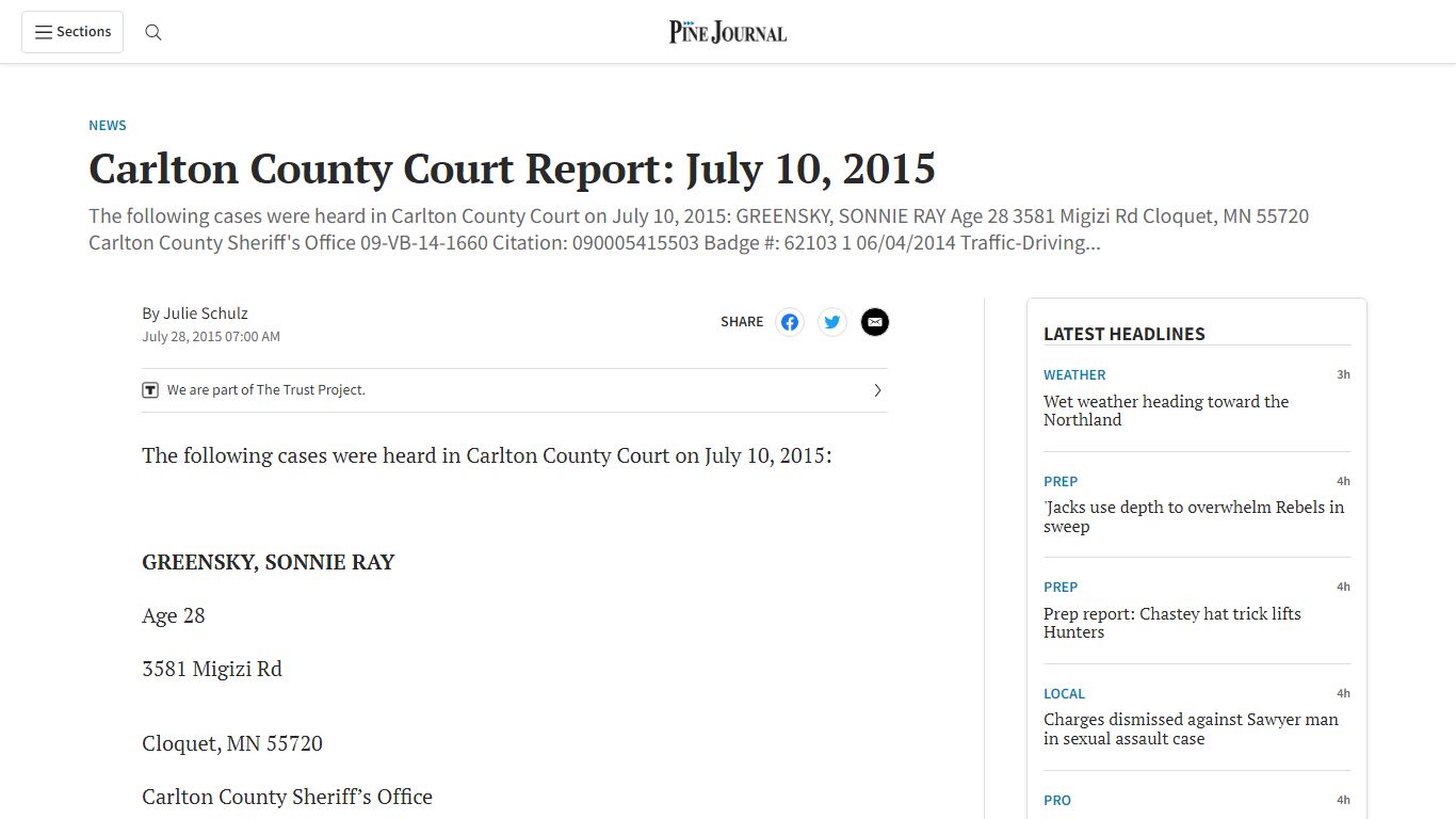 Carlton County Court Report: July 10, 2015 - Cloquet Pine Journal