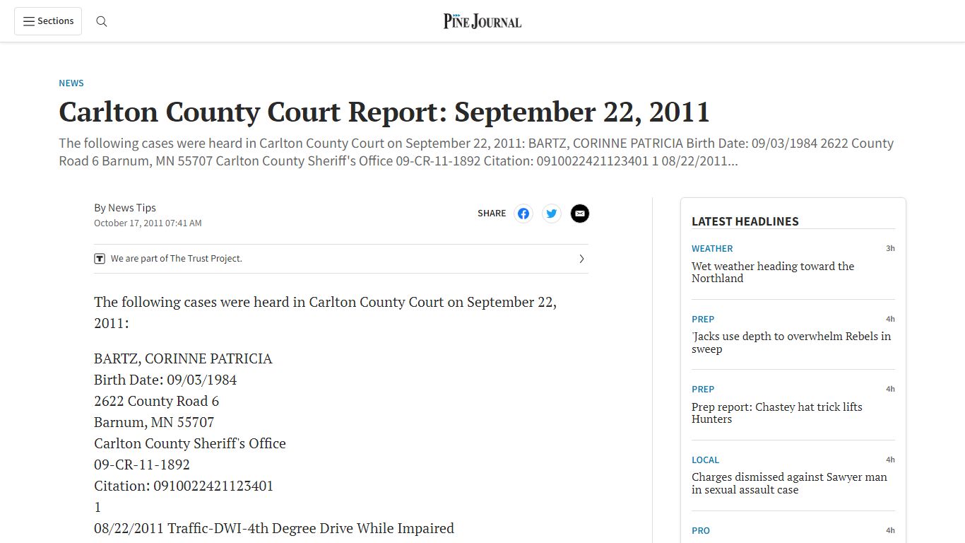 Carlton County Court Report: September 22, 2011 - Pine Journal