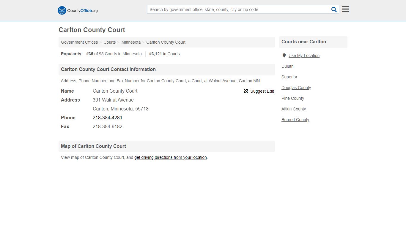 Carlton County Court - Carlton, MN (Address, Phone, and Fax)